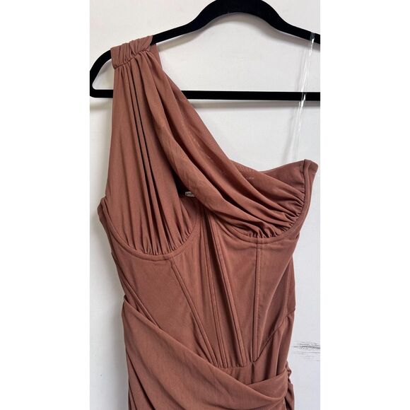 HOUSE OF CB Valentina One-Shoulder Midi Dress Womens Small Mocha Asymmetric Cut - Picture 4 of 7